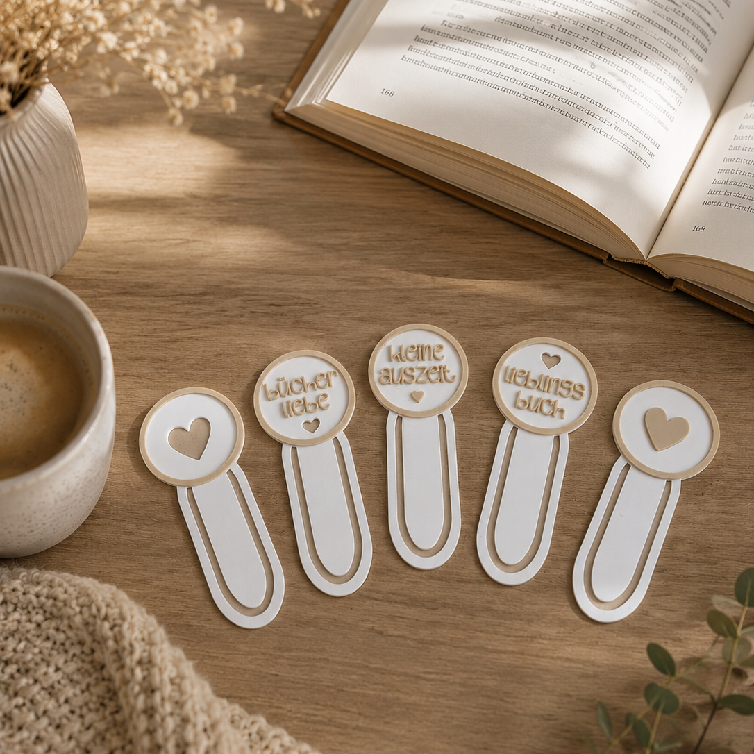 3D-gedruckte Lesezeichen „Bücherliebe“ – 5er Set