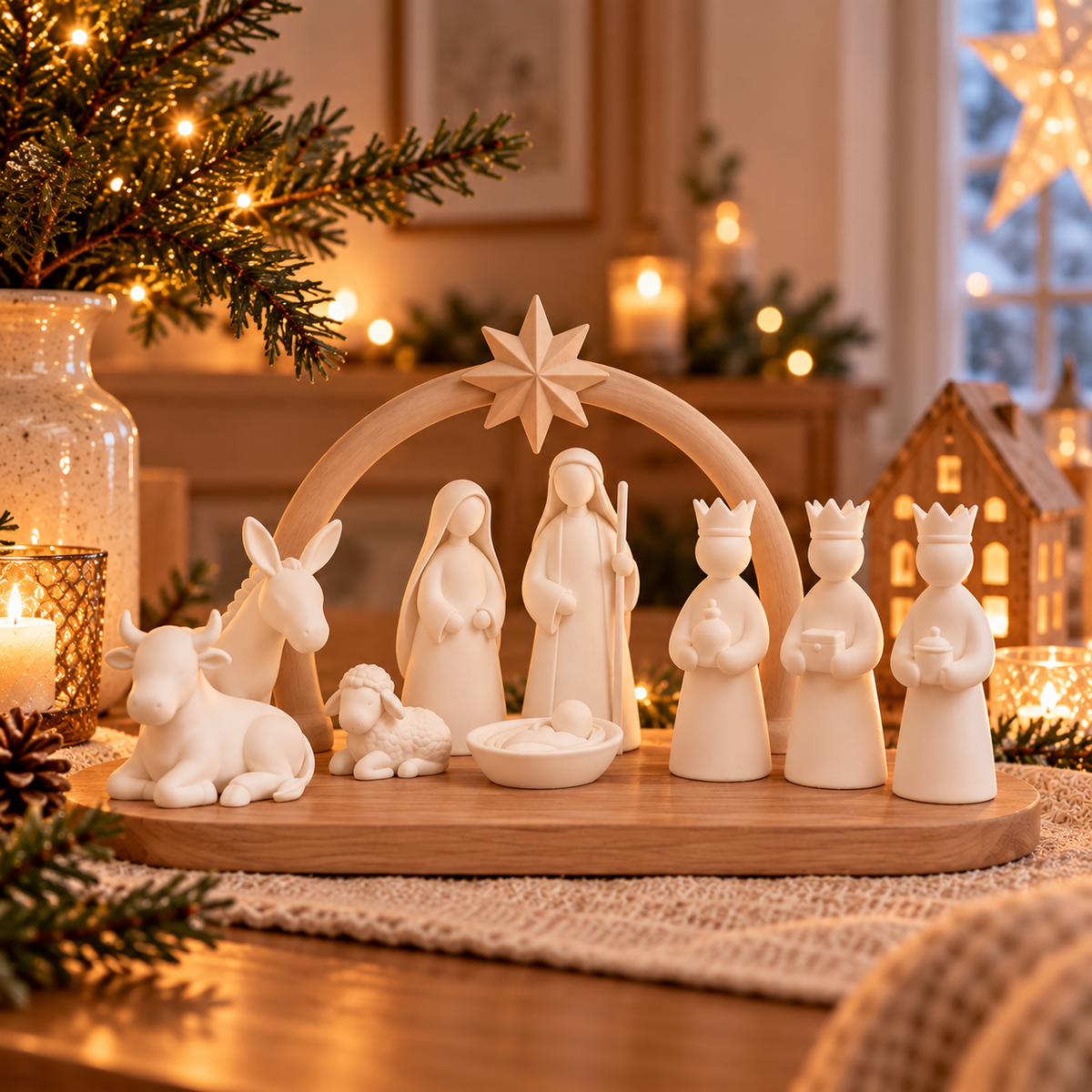 Moderne Weihnachtskrippe mit Bogen & Stern