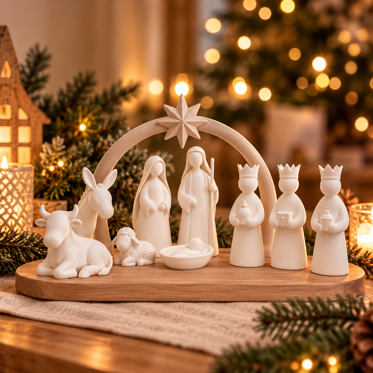 Moderne Weihnachtskrippe mit Bogen & Stern