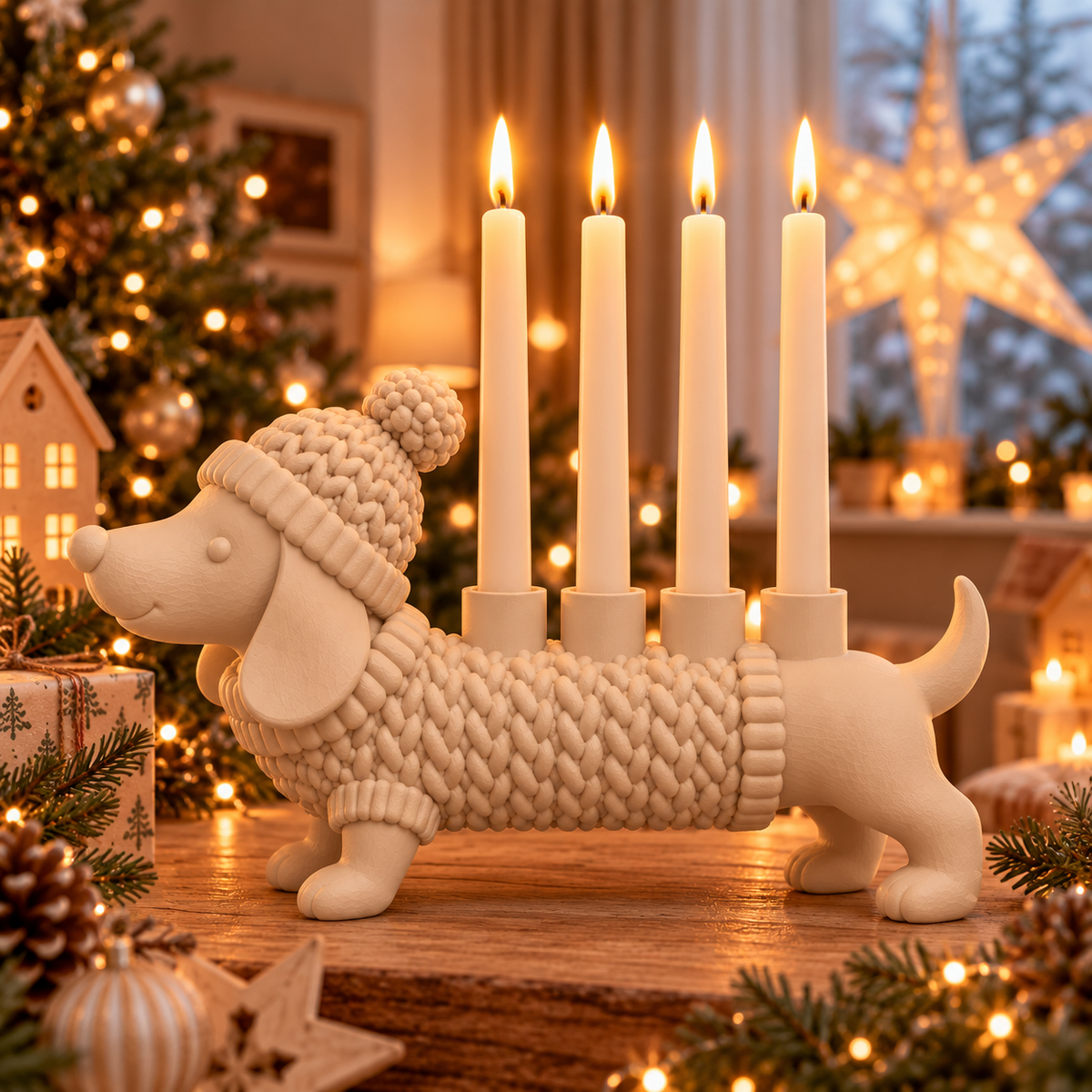 Adventskranz Dackel für 4 LED-Stabkerzen